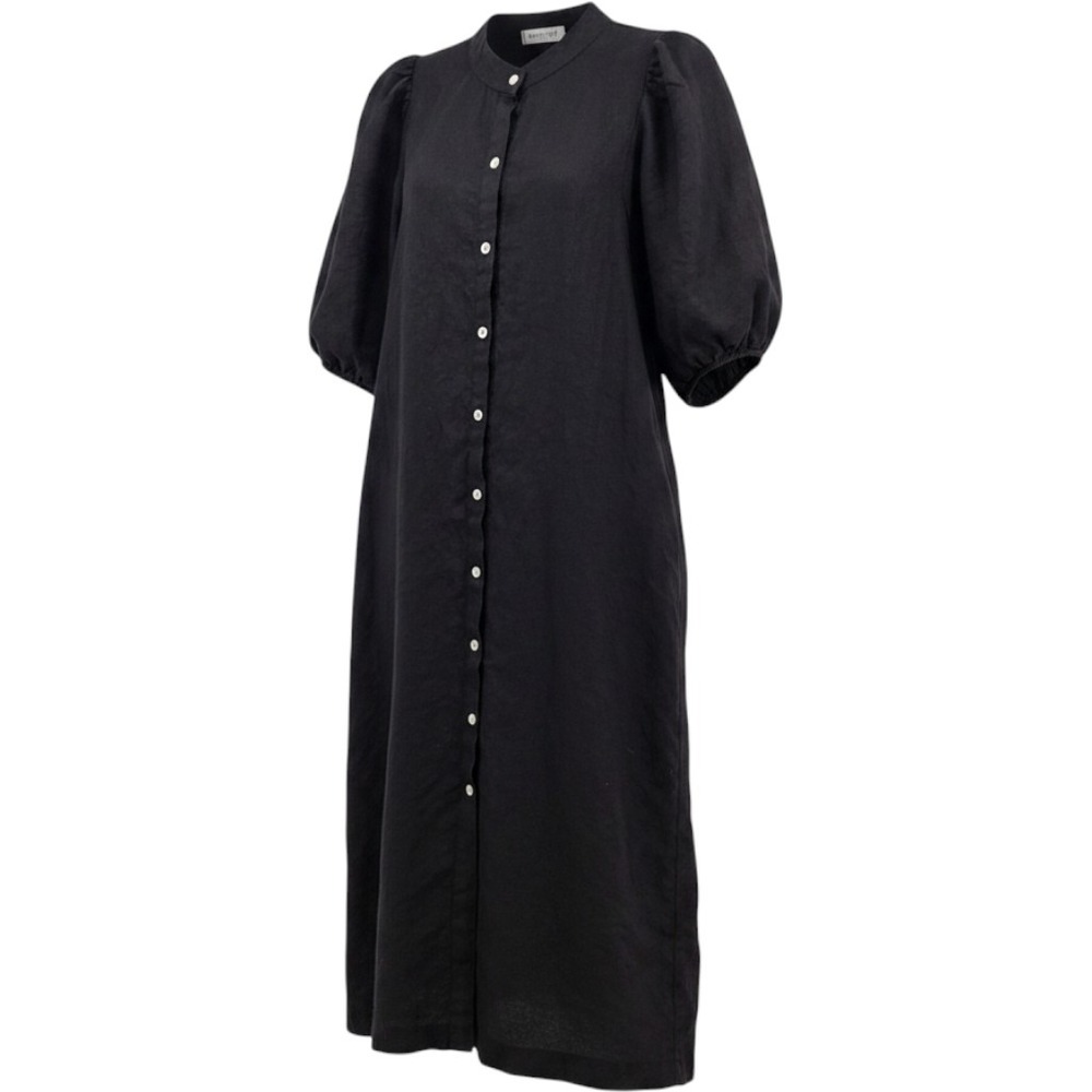 Lanhtropy‎ Black Linen Puff Sleeve Button Front Midi Shirt Dress Small Coastal